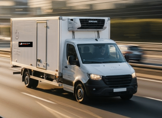 Refrigerated van on road with blur motion effect